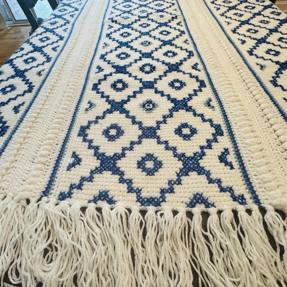 Vintage Handmade Crochet Afghan Throw & Matching Pillow Blue White Charleston